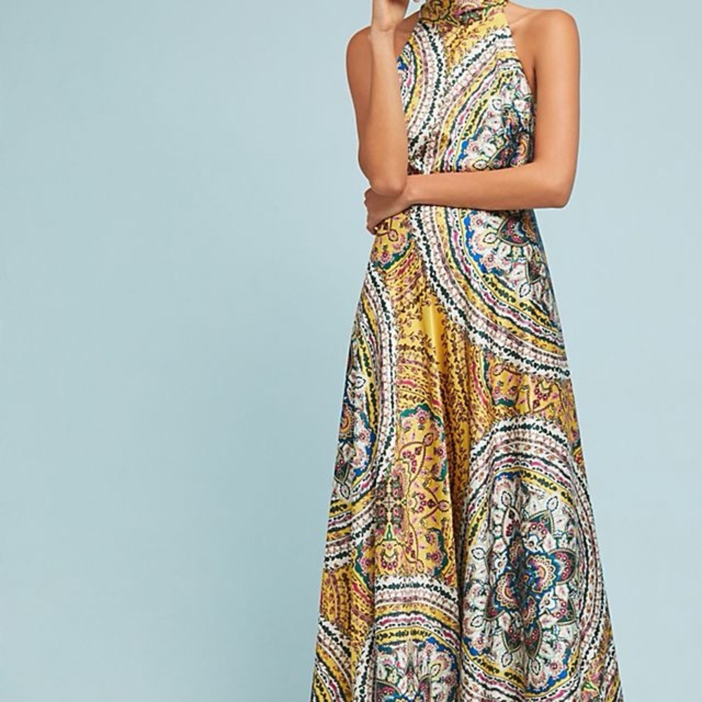 Anthropologie Nicole Miller New York yellow paisley formal maxi dress